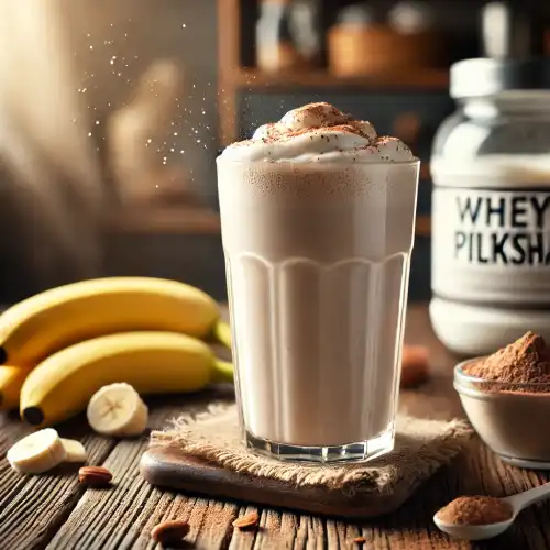 Milkshake proteico de banana em um copo alto, com textura cremosa, cacau polvilhado por cima e ingredientes naturais ao redor, como banana, pasta de amendoim e whey protein.